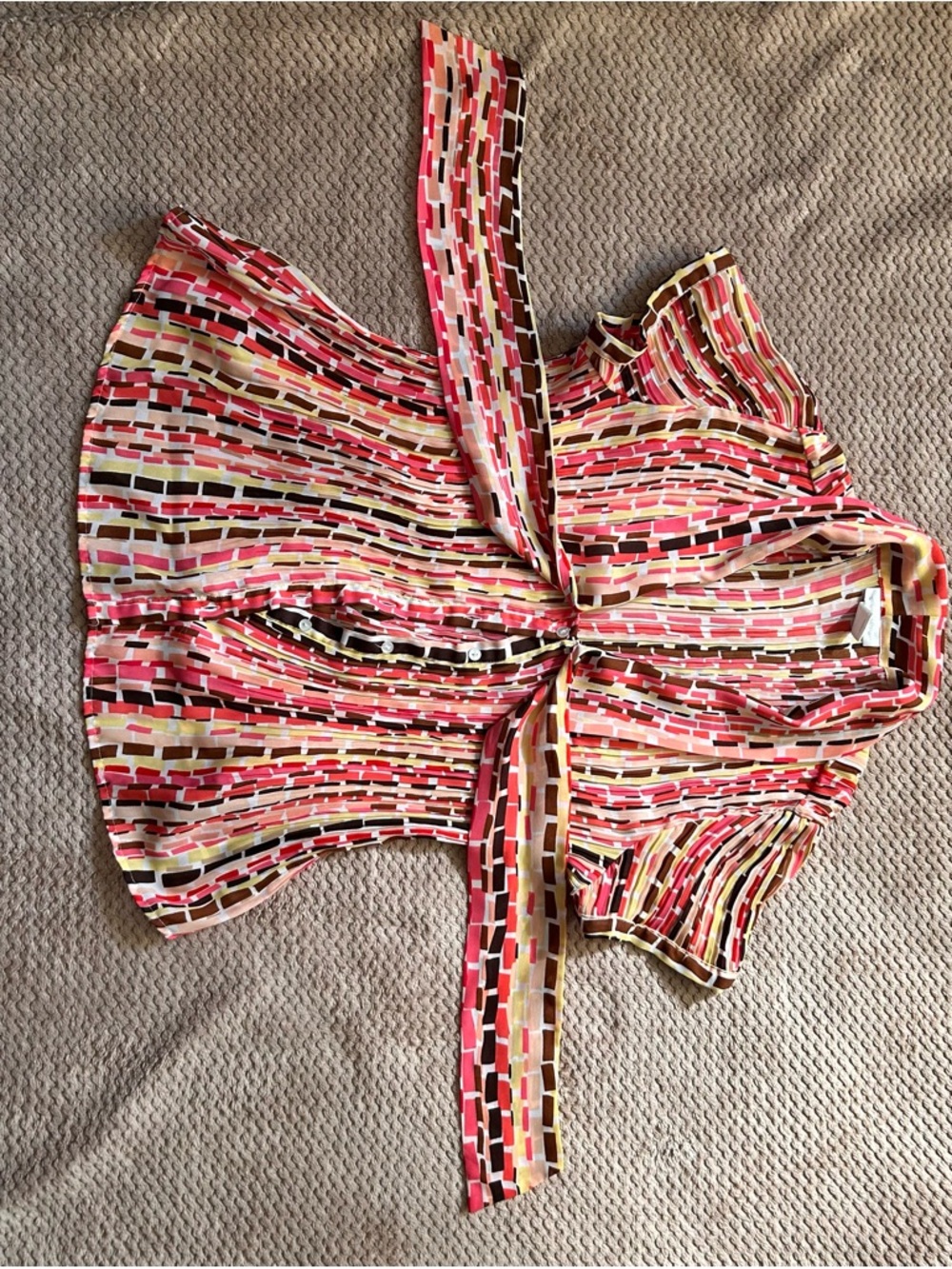 Colorful Geometric Button-Front Blouse with Tie